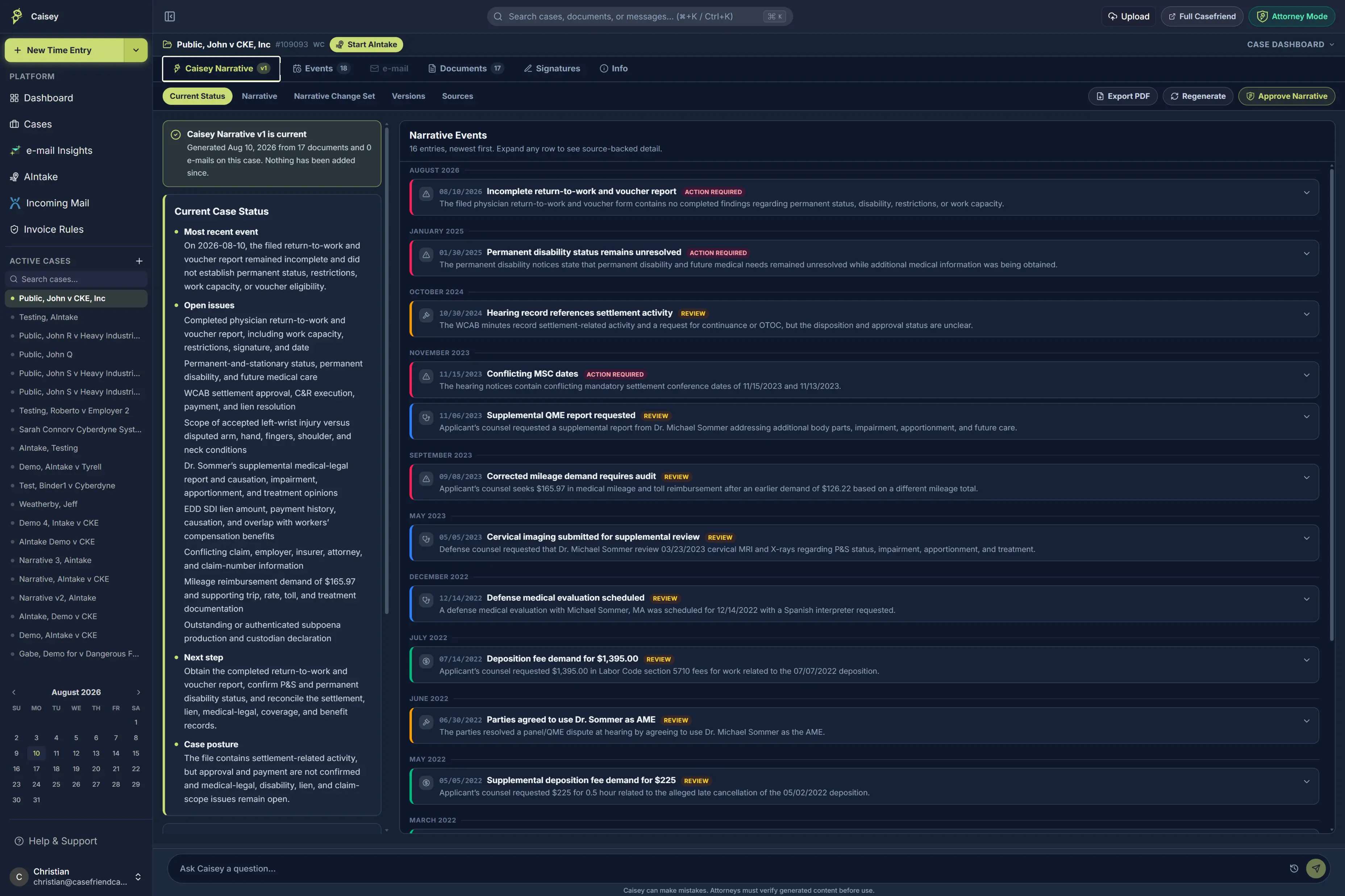 The Caisey Narrative view of a workers' compensation case: a generated case-status summary beside a timeline of source-backed narrative events, each flagged for attorney review. Shown in dark theme on one side of the slider and light theme on the other.